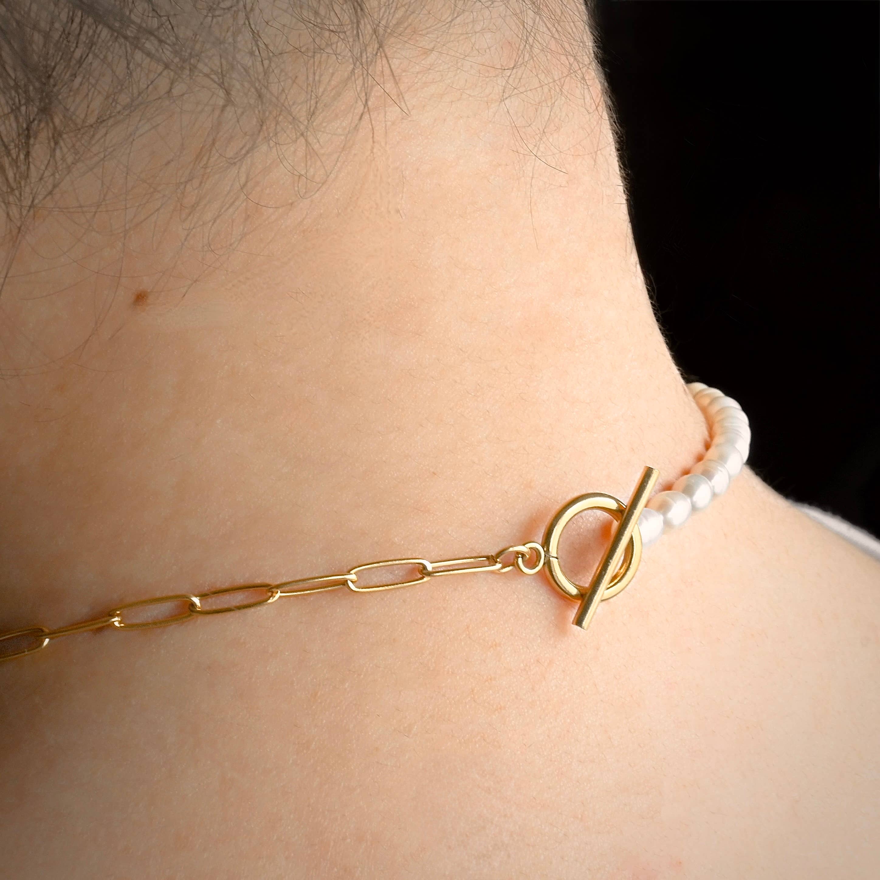 Pearl Toggle Necklace - Half Paperclip Half Pearl Necklace