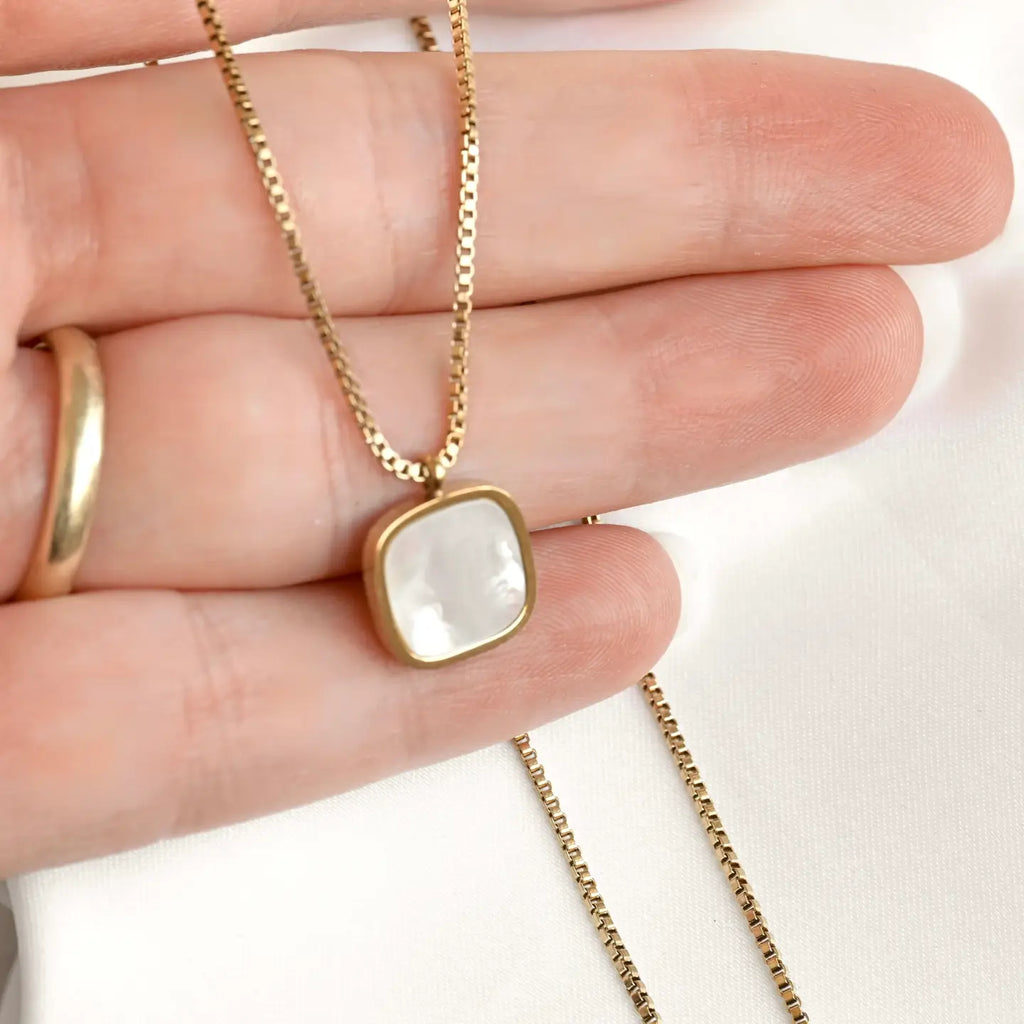 Square Mother of Pearl Necklace - Gold Square Shell Pendant