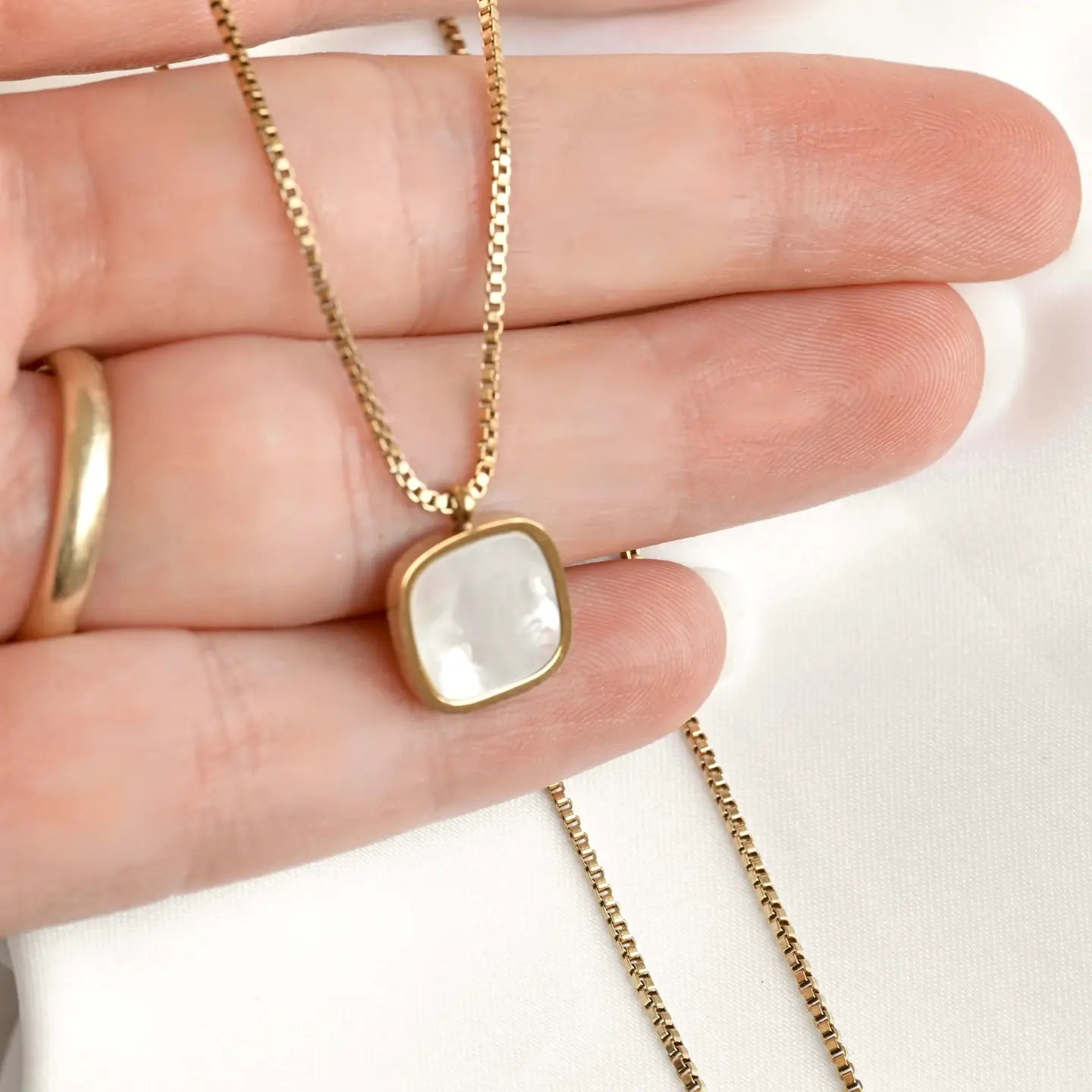 Square Mother of Pearl Necklace - Gold Square Shell Pendant