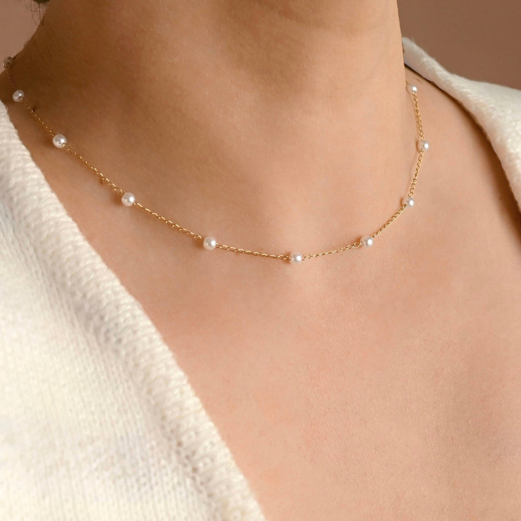 Dainty Pearl Station Necklace - Pearl Satellite Necklace