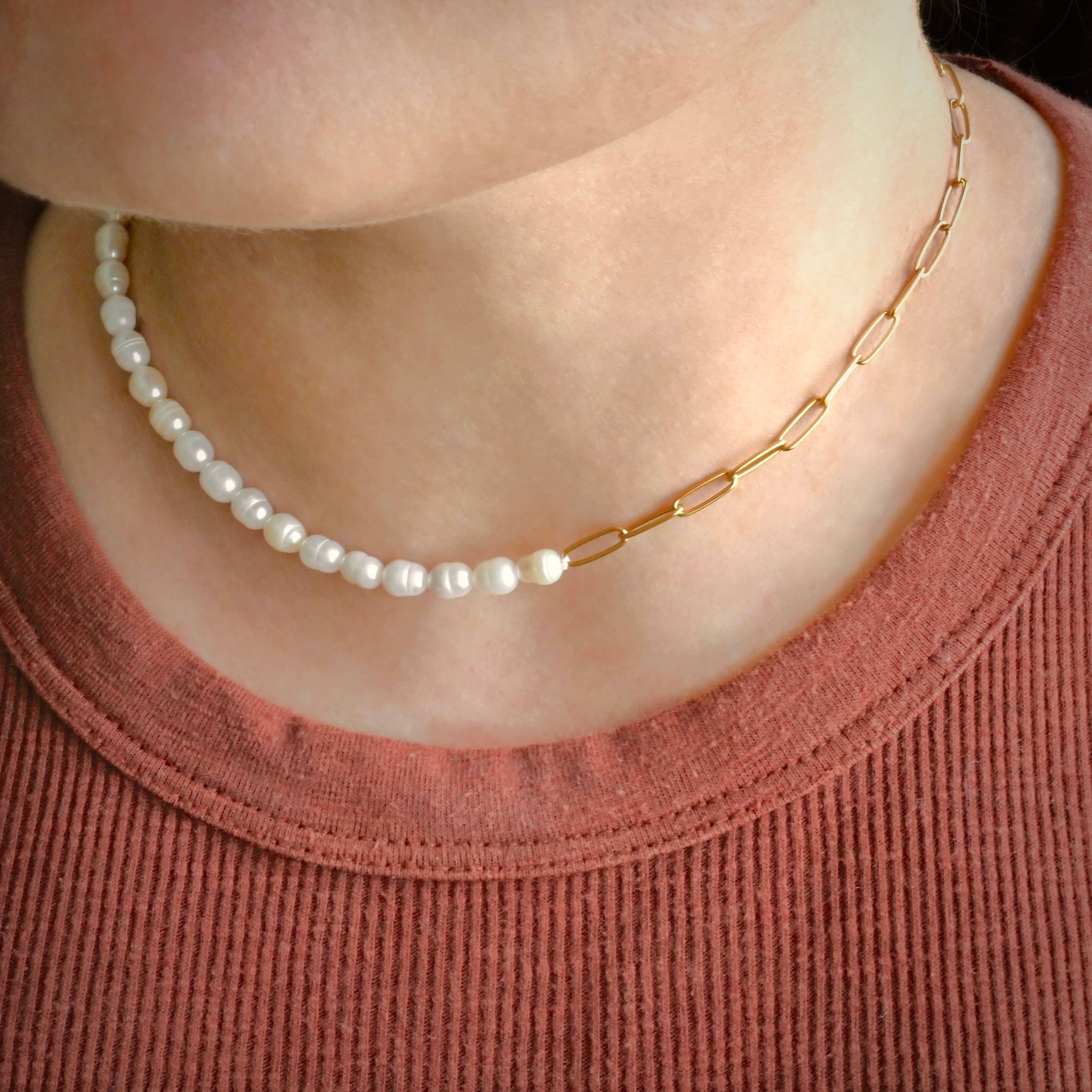 Pearl Toggle Necklace - Half Paperclip Half Pearl Necklace