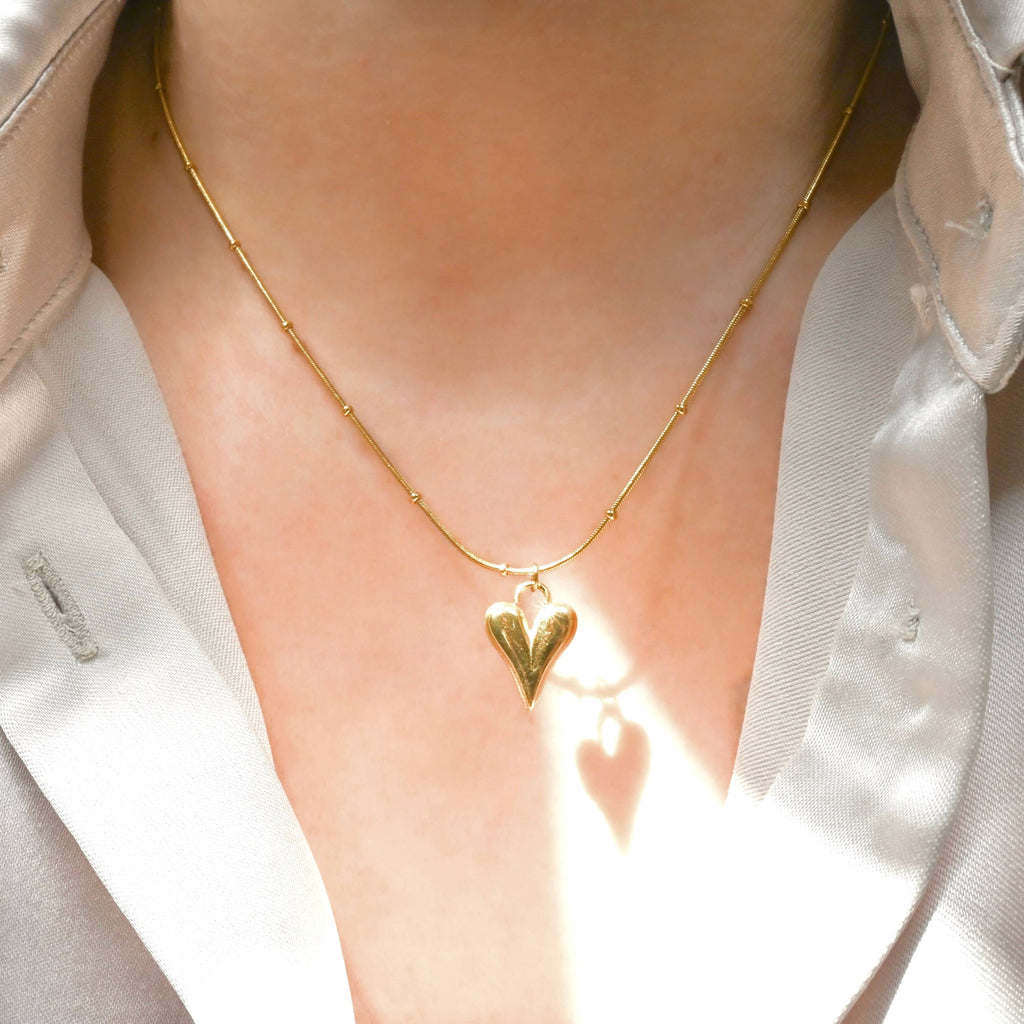 18k Gold Puffy Heart Necklace - Beaded Snake Chain Necklace