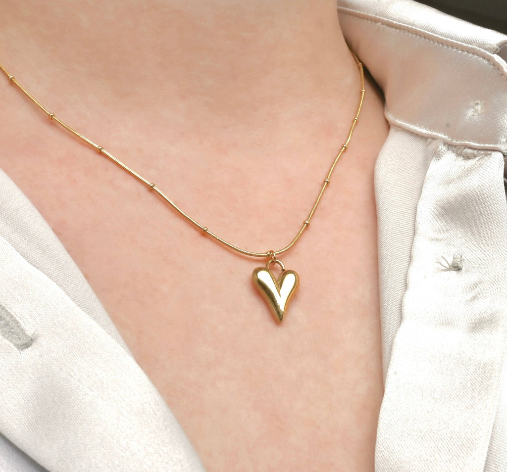 18k Gold Puffy Heart Necklace - Beaded Snake Chain Necklace