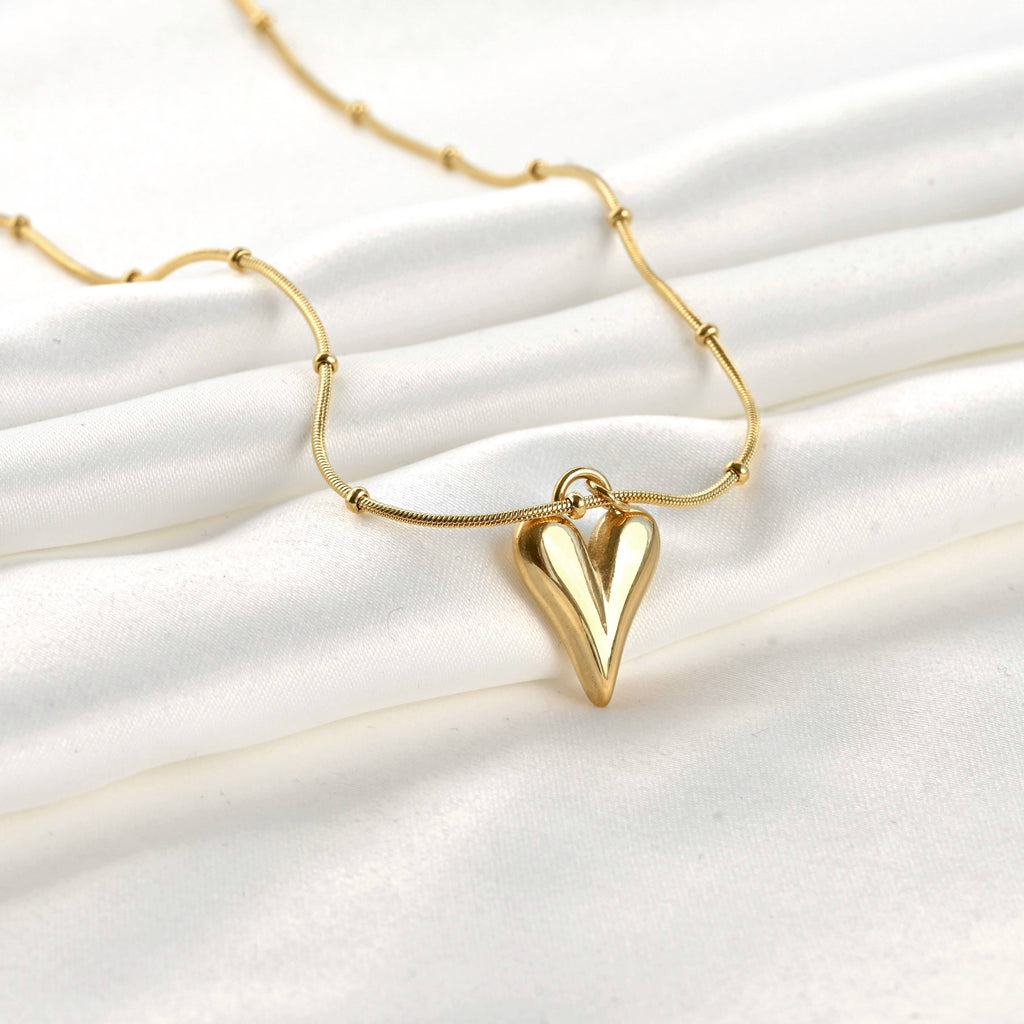 18k Gold Puffy Heart Necklace - Beaded Snake Chain Necklace