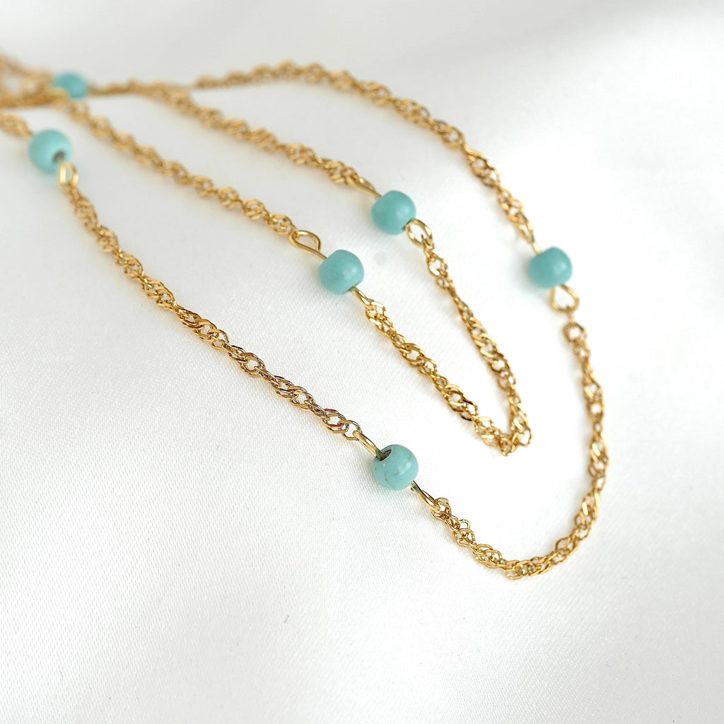 Blue Beaded Singapore Chain Necklace - Beaded Twisted Chain