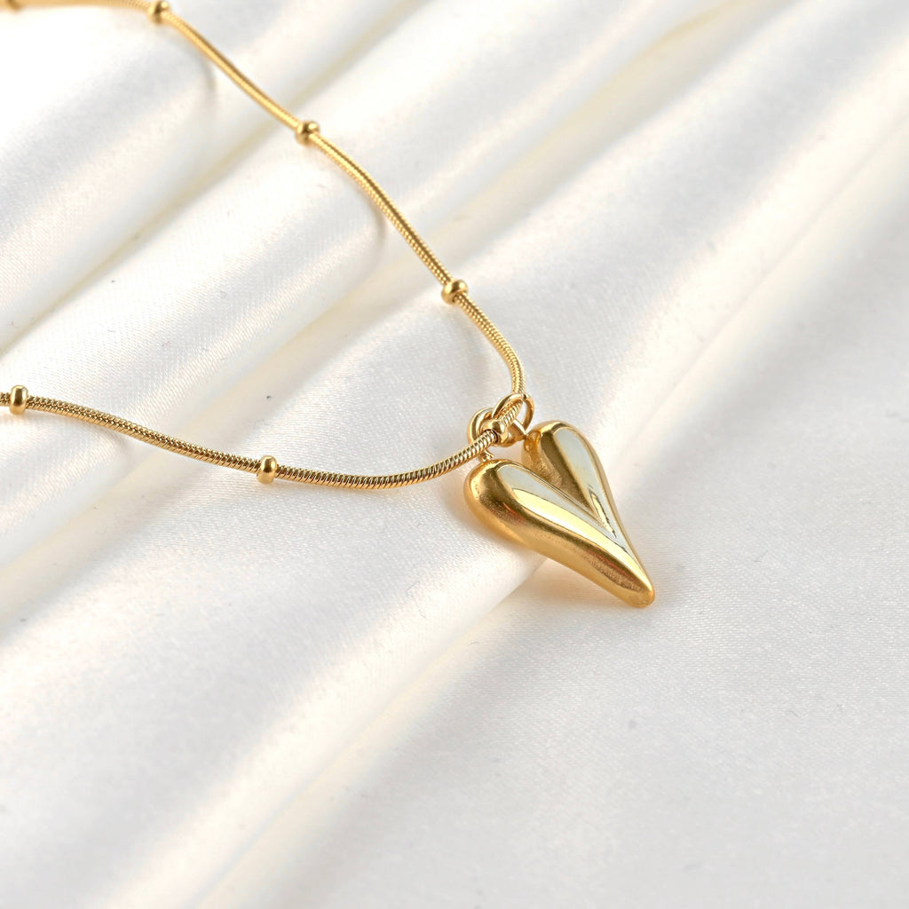 18k Gold Puffy Heart Necklace - Beaded Snake Chain Necklace