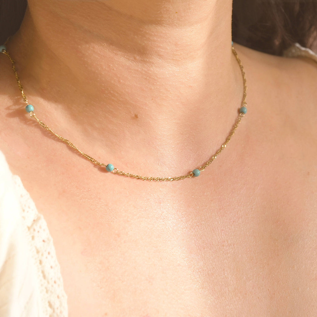 Blue Beaded Singapore Chain Necklace - Beaded Twisted Chain
