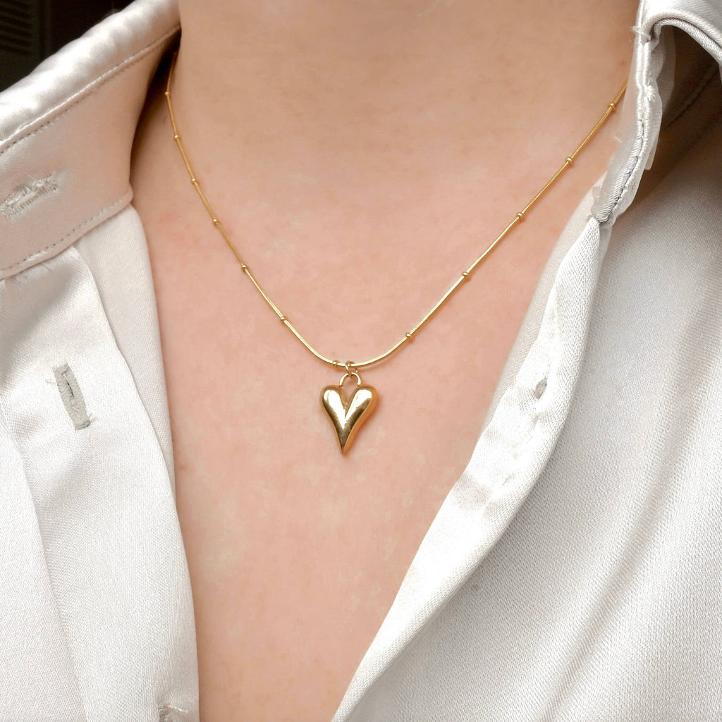 18k Gold Puffy Heart Necklace - Beaded Snake Chain Necklace