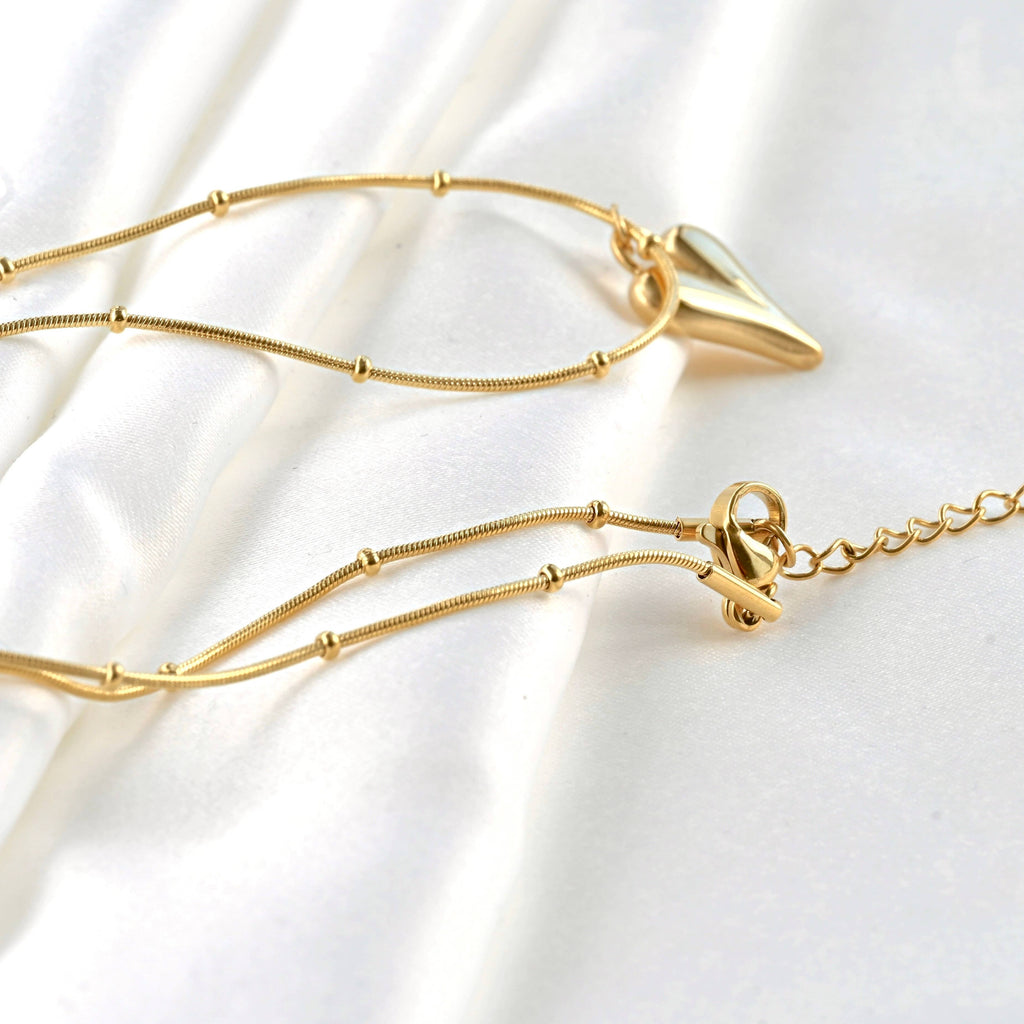 18k Gold Puffy Heart Necklace - Beaded Snake Chain Necklace
