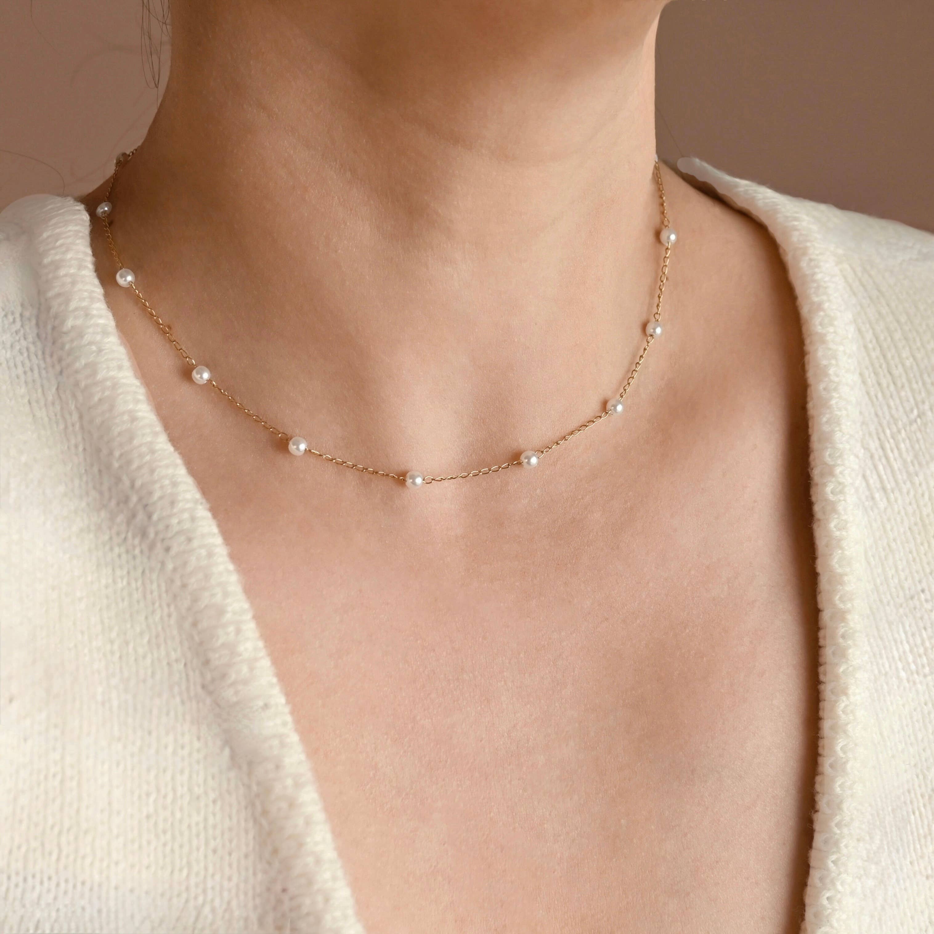 Dainty Pearl Station Necklace - Pearl Satellite Necklace
