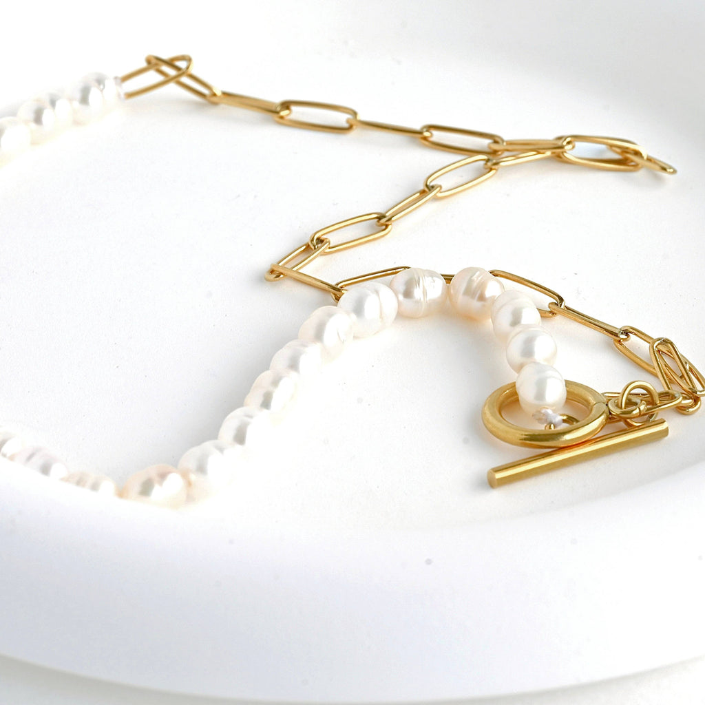 Pearl Toggle Necklace - Half Paperclip Half Pearl Necklace