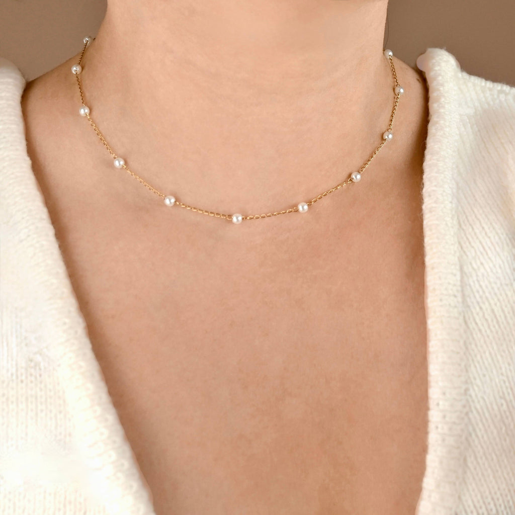Dainty Pearl Station Necklace - Pearl Satellite Necklace