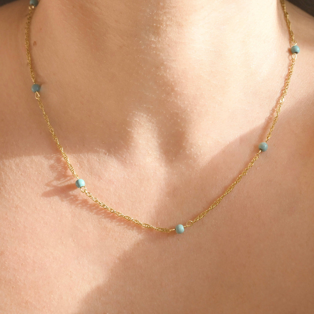 Blue Beaded Singapore Chain Necklace - Beaded Twisted Chain