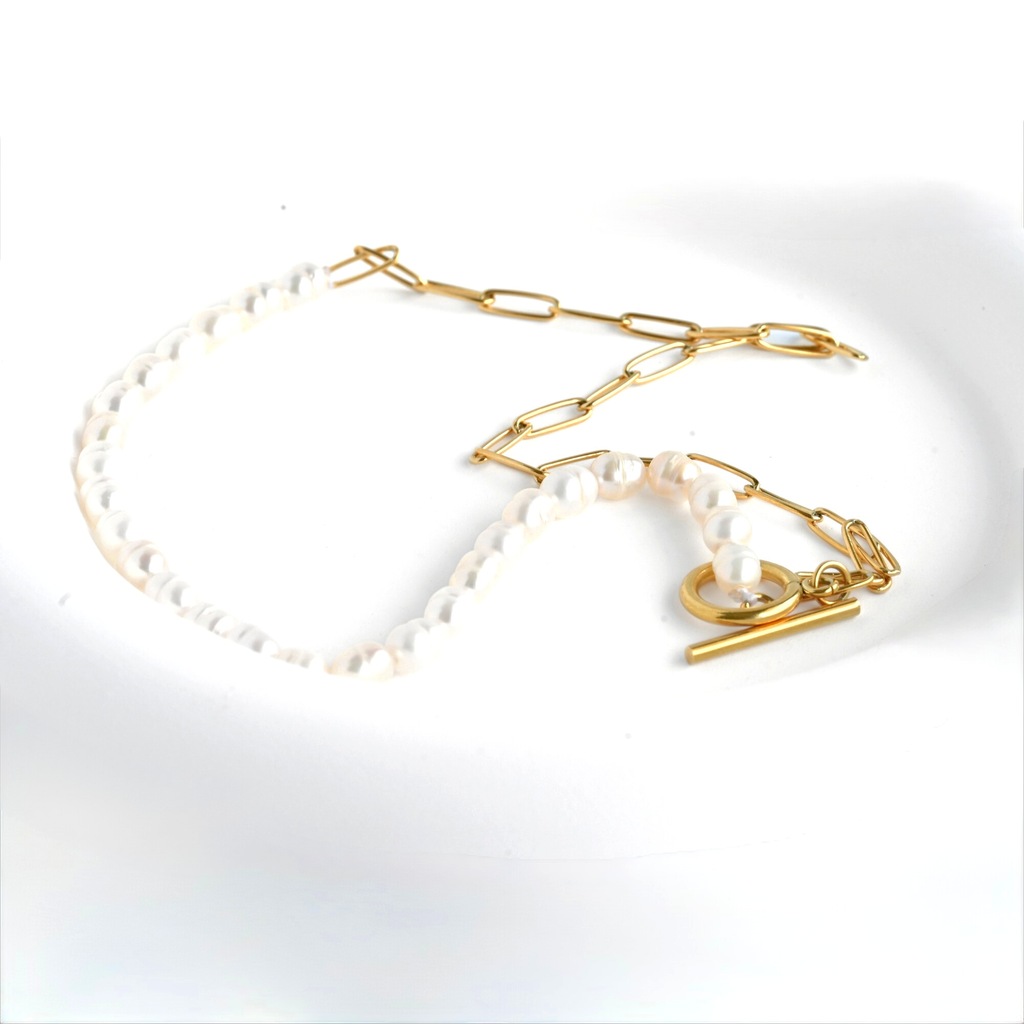 Pearl Toggle Necklace - Half Paperclip Half Pearl Necklace